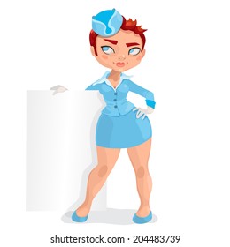 Illustration of european young with short red hairs woman stewardess with message board