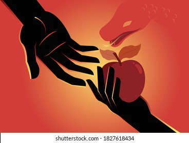 An illustration of Eve offering an apple to Adam. Biblical series