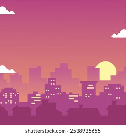 Illustration of a Evening cityscape with urban skyline and buildings against a gradient sky. Ideal for backgrounds, banners, and promotional designs.