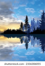 illustration with evening landscapes with trees in forest