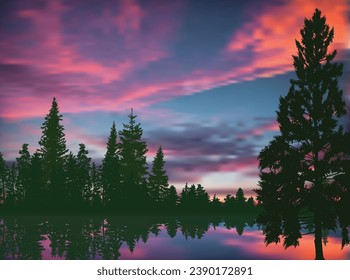 illustration with evening landscapes with trees in forest near lake at bright pink sunset