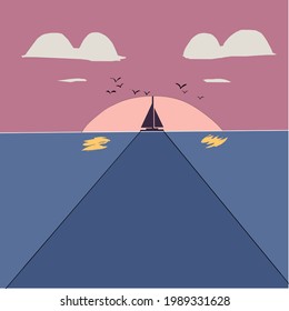 An illustration of an evening panorama in which there is a small sailing ship along with birds flying in the evening that are in the ocean. Eyeball pen and lasso ink drawing techniques.