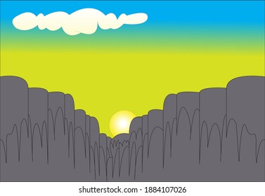 
illustration of the evening sunset between cliffs and clouds creates a beautiful yellow color, vector eps10, perfect for backgrounds