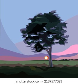 Illustration, evening sunset landscape on the way home.