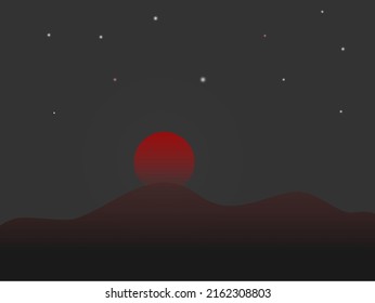 Illustration of an evening sunset with mountains in the foreground.