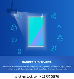 Illustration Event New Gadget Presentation World. Banner Vector Mobile Phone in Light Soffit. Showing New Function and Possibility Device, Security, Smart, Long Working Time, Personalization