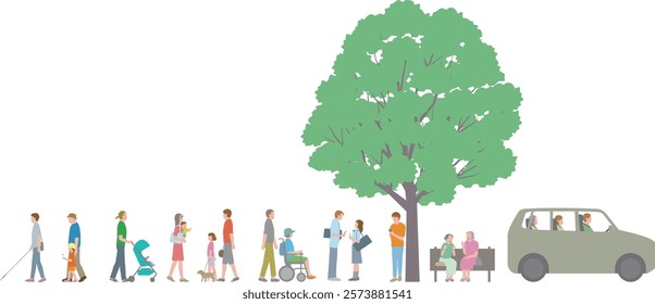 Illustration of everyday scenery of people walking, chatting on benches and walking their pets