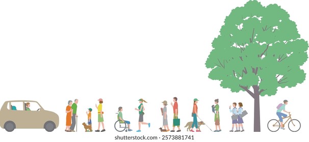 Illustration of everyday scenery of people walking and saying hello and walking their pets