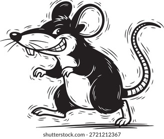 Ilustração de um rato de desenho animado do mal. Rato com uma face sorridente e mostrando dentes em formato vetorial com um fundo transparente. Roedor bonito é simples e fácil de usar.
