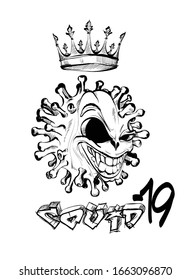 Illustration of the evil face of the virus, with a crown above his head. Coronavirus outbreak and coronaviruses influenza background as dangerous flu strain cases as a pandemic medical health risk con