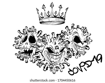 Illustration des bösen Gesichts des Virus, mit einer Krone über seinem Kopf. Coronavirus-Ausbruch und Koronviren-Influenza als Konzept für ein pandemisches medizinisches Gesundheitsrisiko