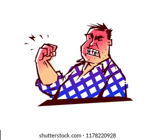 Illustration of the evil man. A man is threatening with his fist. Vector. The illustration is isolated on a white background. Russian angry uncle. Meme from Russia. Mascot.