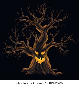Illustration of evil monster dead, old tree, with moon light, on black background. EPS 10 contains transparency.
