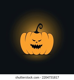 An illustration of an evil orange Jack pumpkin for Halloween with sharp black teeth and an evil smile with a yellow shadow on a dark gray background. Jack O’Lantern.