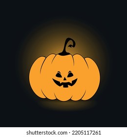 Illustration of an evil smiling orange Halloween pumpkin with four sharp black teeth and frowning black eyebrows and eyes with yellow shadow on a dark gray background. Halloween Jack O Lantern. 