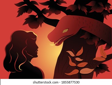 An illustration of evil snake persuading eve to eat forbidden fruit