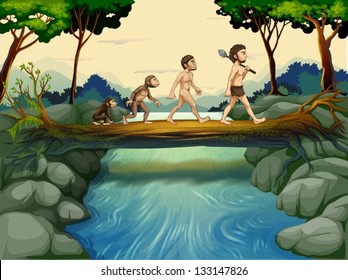 Illustration of the evolution of man at the river