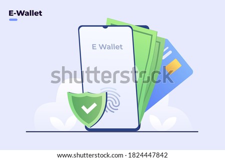 Illustration E-Wallet, Digital wallet, Virtual wallet, Virtual money, Digital bank in smartphone application. Pay with e-wallet. Easy digital transaction with smartphones app. Finance technology. Flat