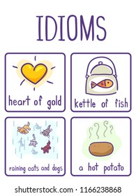 Illustration of Examples of Idioms like Heart of Gold, Kettle of Fish, Raining Cats and Dogs and a Hot Potato for an English Class