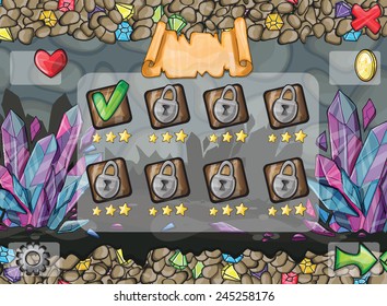 Illustration and examples of screens, buttons, bars progression for computer games and web design