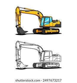 Illustration of excavator in color and only line art