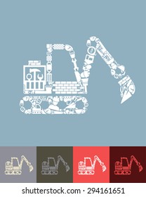 illustration of the excavator with icons composition