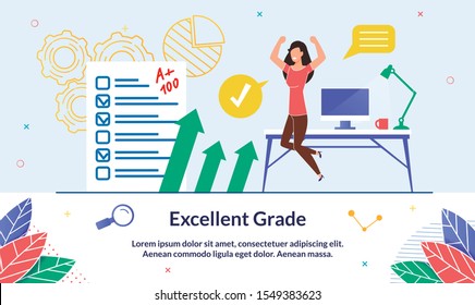 Illustration Excellent Grade, Happy Event, Slide. Girl Casual Clothes Jumps and Exults from Receiving Positive Result for an Exam or Test. Successful Passing Exam Delight for Student.