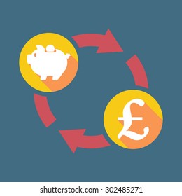 Illustration of an exchange sign with a piggy bank and a pound sign