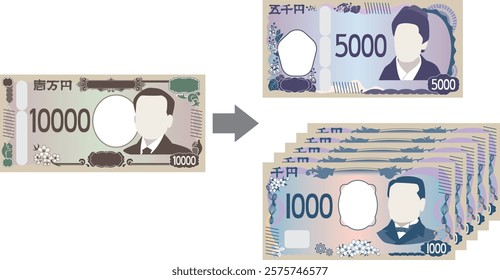 Illustration of exchanging 10,000 yen to 5,000 yen and 1,000 yen.