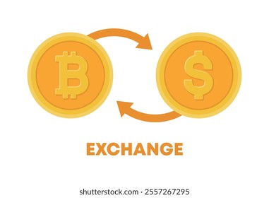 Illustration of exchanging and converting Bitcoin, an online cryptocurrency created using blockchain technology, and the US dollar, a currency of money.