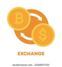 Illustration of exchanging and converting Bitcoin, an online cryptocurrency created using blockchain technology, and the US dollar, a currency of money.