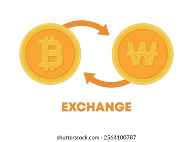 Illustration of exchanging and converting Bitcoin, an online cryptocurrency created using blockchain technology, and the Korean money 'won', a currency of money.