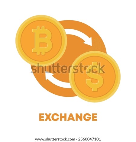 Illustration of exchanging and converting Bitcoin, an online cryptocurrency created using blockchain technology, and the US dollar, a currency of money.