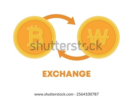 Illustration of exchanging and converting Bitcoin, an online cryptocurrency created using blockchain technology, and the Korean money 'won', a currency of money.