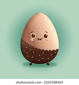Illustration Of Excited Brown Egg Character On Pastel Green Background. Happy Easter Day Concept.