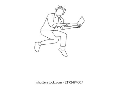 Illustration of excited businessman jumping up with laptop in hands isolated on white background. Outline drawing style art
