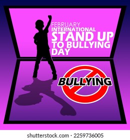 Illustration of an excited child raising his hand with his reflection and bold text, prohibition icon on big screen to commemorate International Stand Up to Bullying Day on February 24