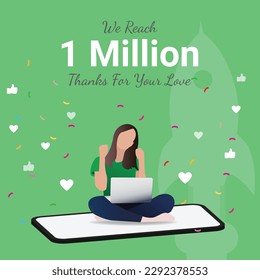 Ilustración de una chica emocionada sosteniendo una laptop sentada en el móvil celebrando el éxito para seguidores de 1 millón de suscriptores completos. 3d diseño de creadora de contenido femenino para publicaciones en medios sociales y diseño web.