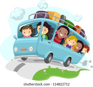 Illustration of Excited Kids Cheering While Riding a Bus