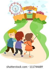 Illustration of Excited Kids Headed Towards a Carnival