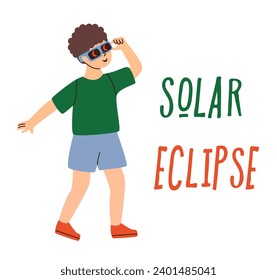 Ilustración de un niño emocionado usando gafas protectoras mientras observa un eclipse. Ilustración vectorial plana.