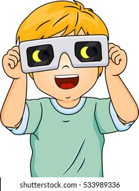 Illustration of an Excited Little Boy Wearing Protective Glasses as He Watches an Eclipse