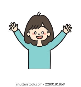 Illustration of Excited Woman Raising Hands Up