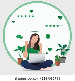 Illustration of an excited young girl holding laptop computer and celebrating success. Suitable flat design for social media posts, marketing, web design, UI. Green Color Scheme with Success Elements.