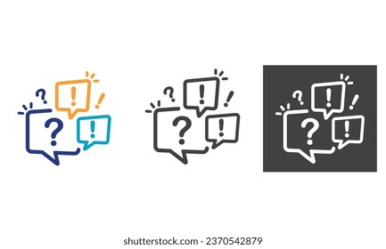 Ilustración de exclamación y signo de interrogación en burbuja de voz, icono.