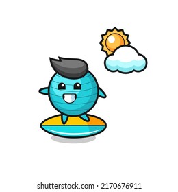 Illustration of exercise ball cartoon do surfing on the beach , cute style design for t shirt, sticker, logo element