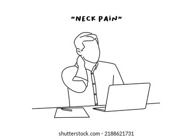 Illustration of exhausted male worker sit at desk massage neck suffer from strain spasm muscles. line art style
