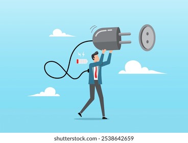 An illustration of exhausted overworked businessman plug electric to recharge energy. Recharge yourself, refresh or recover after tried, supply motivation concept