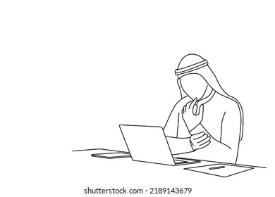 Illustration of Exhausted Young Arab Man with Laptop having Wrist Pain. One line art style
