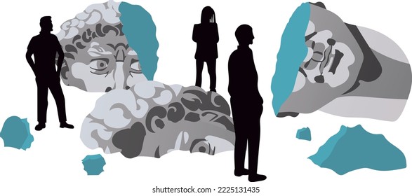 Illustration of the exhibition of the destroyed head of David. Fragments of an ancient statue are lying on the floor, and museum visitors walk around them. Exhibition of contemporary Art and Culture